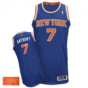 New York Knicks Carmelo Anthony #7 Road Autographed Authentic Maillot d'équipe de NBA - Bleu royal pour Homme