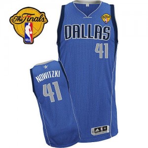 Maillot NBA Dallas Mavericks #41 Dirk Nowitzki Bleu royal Adidas Authentic Road Finals Patch - Homme
