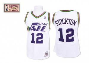 Utah Jazz #12 Mitchell and Ness Throwback Blanc Authentic Maillot d'équipe de NBA Peu co?teux - John Stockton pour Homme