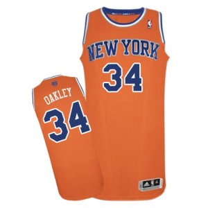 Maillot NBA New York Knicks #34 Charles Oakley Orange Adidas Authentic Alternate - Homme