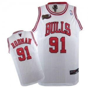 Maillot Authentic Chicago Bulls NBA Champions Patch Blanc - #91 Dennis Rodman - Homme