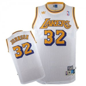 Los Angeles Lakers Mitchell and Ness Magic Johnson #32 Throwback Authentic Maillot d'équipe de NBA - Blanc pour Homme