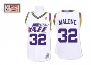 Maillot NBA Blanc Karl Malone #32 Utah Jazz Throwback Authentic Homme Mitchell and Ness